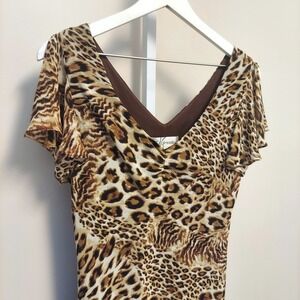 Dressbarn Leopard Print VNeck Flutter Sleeve‎ Asymmetric Midi Dress 10 Mob Wife